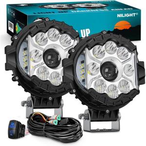 imageNilight 7 Inch LED Offroad Driving Lights High Low Beam 2 PCS 80W Round White Light Side Shooter Spot Flood Fog Light Pod w 16 AWG DT Connector Wiring Harness Kit for Jeep Truck ATV UTV SUVWhite Side Shooter Light Kit 7