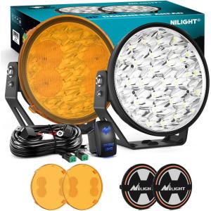 imageNilight 7 Inch LED Offroad Driving Lights High Low Beam 2 PCS 80W Round White Light Side Shooter Spot Flood Fog Light Pod w 16 AWG DT Connector Wiring Harness Kit for Jeep Truck ATV UTV SUVWhite Light Kit 9 Covers