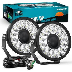 imageNilight 7 Inch LED Offroad Driving Lights High Low Beam 2 PCS 80W Round White Light Side Shooter Spot Flood Fog Light Pod w 16 AWG DT Connector Wiring Harness Kit for Jeep Truck ATV UTV SUVWhite Projector Light Kit 7