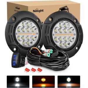 imageNilight Flush Mount LED Light Pods 2PCS 6 Inch 39W Amber White 3 Lighting Modes Fog Lights Spot Flood Beam with Dual Control 18AWG Wiring Harness for Truck Pickup Golf Cart UTV ATV SUV Boat 4x4 CarAmberWhite 3 Modes 47 Round