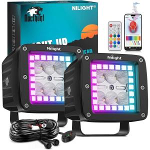 imageNilight LED Pods 3 Inch 18W Cube Flood Offroad Work Light with RGB Halo Strip Multi Chasing Flash Strobe Mode APP amp Remote Control IP67 Waterproof for Truck Pickup Golf Cart SUV ATV UTV 4x4 Van CamperAmber White 6 Modes  RGB Halo Strip