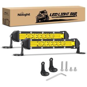 imageNilight Slim LED Light Bar 2Pcs 7 Inch 16LED Single Row Spot Flood Combo Amber Off Road Work Driving Fog Turn Signal Lighting for 12V 24V ATV UTV Pickup Truck Tractor BoatYellow 7Inch 16LED 2Pcs