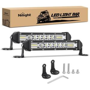 imageNilight Slim LED Light Bar 2Pcs 7 Inch 16LED Single Row Spot Flood Combo Amber Off Road Work Driving Fog Turn Signal Lighting for 12V 24V ATV UTV Pickup Truck Tractor BoatWhite Spot Flood Combo
