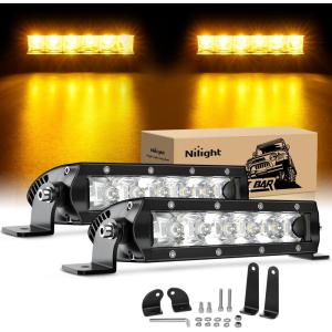 imageNilight Slim LED Light Bar 2Pcs 7 Inch 16LED Single Row Spot Flood Combo Amber Off Road Work Driving Fog Turn Signal Lighting for 12V 24V ATV UTV Pickup Truck Tractor BoatAmber 30W Spot 3000LM
