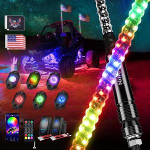 imageNilight 2PCS 3FT RGB LED Whip Light and 6 PCS Rock Lights Combo Remote App Control wDIY Chasing Patterns Stop Turn Reverse Modes Safety Antenna Whips for ATV UTV Polaris RZR Canam Dune Buggy Jeep