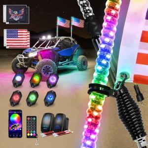 imageNilight 2PCS 3FT RGB LED Whip Light with Spring Base and 6 PCS Rock Lights Combo Remote App Control wDIY Chasing Patterns Turn Signal Brake Reverse Antenna Lighted Whips for ATV UTV Polaris RZR Jeep4FT  6Pcs Rock Lights