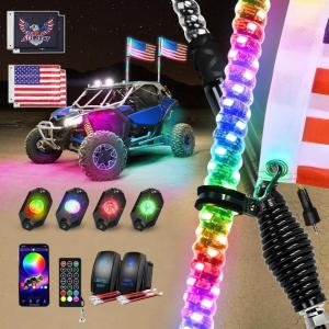 imageNilight 2PCS 3FT RGB LED Whip Light with Spring Base and 6 PCS Rock Lights Combo Remote App Control wDIY Chasing Patterns Turn Signal Brake Reverse Antenna Lighted Whips for ATV UTV Polaris RZR Jeep4FT  4Pcs Rock Lights
