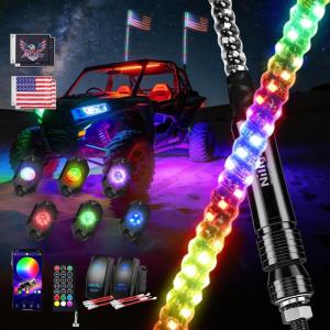 imageNilight 2PCS 4FT RGB LED Whip Light and 6 PCS Rock Lights Combo Remote App Control wDIY Chasing Patterns Stop Turn Reverse Modes Safety Antenna Whips for ATV UTV Polaris RZR Canam Dune Buggy Jeep