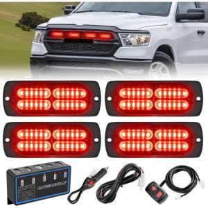 imageNilight 4PCS 24LED Emergency Strobe lights 12V 24V Amber Surface Mount Grille Hazard Safety Warning Light Sync Feature Side Flashing Marker Flash for Car Truck CampersRed wController