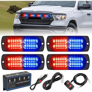 imageNilight 4PCS 24LED Emergency Strobe lights 12V 24V Amber Surface Mount Grille Hazard Safety Warning Light Sync Feature Side Flashing Marker Flash for Car Truck CampersRed Blue wController