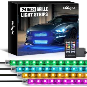 imageNilight 4Pcs 24inch LED Grille Lights 144 LEDs RGB Multi Color Exterior Lighting Kit with Sound Active Function and Wireless Remote Control for Cars Van SUV Truck