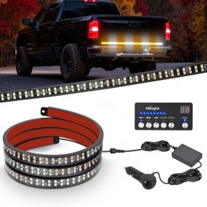 imageNilight 60 Inch Truck Tailgate Strobe Light Strip Tail Emergency Bar Rear Window Warning Lamp UltraBright Double Row 360 LED for Pickup Trailers Construction Vehicles Car SUV Blue White60 Tailgte Strobe w Controller Amber White