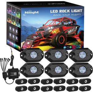 imageNilight RGB LED Rock Lights Kit 6 PCS Underglow Multicolor Neon Light Pod with Magnetic Base Bluetooth App Control Flashing Music Mode IP68 Wheel Well Light for Truck ATV UTV RZR SUV