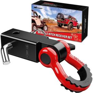imageNilight Shackle Hitch Receiver 2Inch 45000 LBs Breaking Strength 34 D Ring Trailer Fasten Pin Heavy Duty Solid Recovery Towing Kit for Trucks Jeeps OffRoadBlackRed