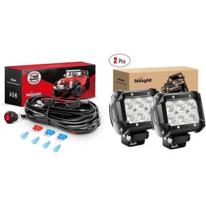 imageNilight LED Light Bar 2PCS 18W Flood Led Pods Led Off Road Lights with 12V 16AWG Wiring Harness Kit2 Lead 2 Years Warranty