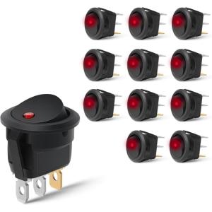 imageNilight 12PCS Round Rocker Switches 12V 24V 20A Red LED Toggle swtiches SPST 3 Pin 2 Position for Car Truck Vehicle Boat Marine Rocker On Off Control12PCS Switch Red