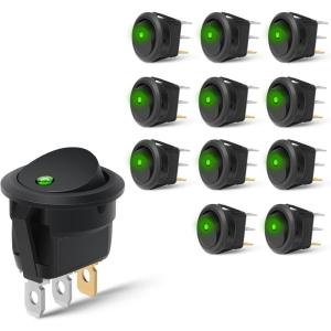 imageNilight 12PCS Round Rocker Switches 12V 24V 20A Red LED Toggle swtiches SPST 3 Pin 2 Position for Car Truck Vehicle Boat Marine Rocker On Off Control12PCS Switch Green