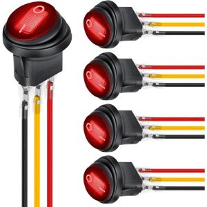 imageNilight 5Pcs Waterproof Round Rocker Toggle Yellow LED Switch 12V 20A 3 Pin ON Off SPST for Car Truck Boat Marine Automotive RV with Locked Terminal Wires5Pcs Red