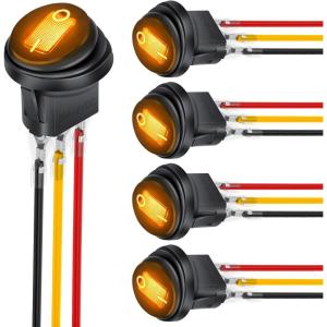 imageNilight 5Pcs Waterproof Round Rocker Toggle Yellow LED Switch 12V 20A 3 Pin ON Off SPST for Car Truck Boat Marine Automotive RV with Locked Terminal Wires5Pcs Yellow