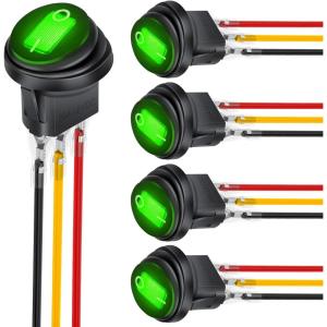 imageNilight 5Pcs Waterproof Round Rocker Toggle Yellow LED Switch 12V 20A 3 Pin ON Off SPST for Car Truck Boat Marine Automotive RV with Locked Terminal Wires5Pcs Green