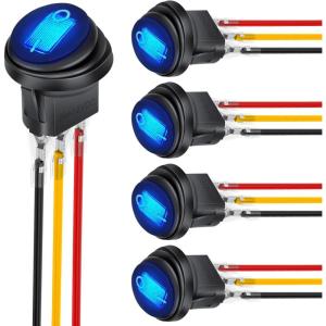 imageNilight 5Pcs Waterproof Round Rocker Toggle Yellow LED Switch 12V 20A 3 Pin ON Off SPST for Car Truck Boat Marine Automotive RV with Locked Terminal Wires5Pcs Blue