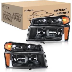 imageNilight Headlight and Taillight Assembly Combo Compatible with 2004 2005 2006 2007 2008 2009 2010 2011 2012 Chevy Colorado GMC Canyon OE Style Black Housing Amber Reflector with Red Tail LightBlack Housing Amber Reflector