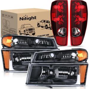 imageNilight Headlight and Taillight Assembly Combo Compatible with 2004 2005 2006 2007 2008 2009 2010 2011 2012 Chevy Colorado GMC Canyon OE Style Black Housing Amber Reflector with Red Tail LightBlack Housing  Amber Reflector wTailight