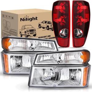 imageNilight Headlight and Taillight Assembly Combo Compatible with 2004 2005 2006 2007 2008 2009 2010 2011 2012 Chevy Colorado GMC Canyon OE Style Black Housing Amber Reflector with Red Tail LightChrome Housing  Amber Reflector wTailight
