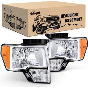 imageNilight Taillight Assembly Compatible with 2009 2010 2011 2012 2013 2014 Ford F150 Incandescent Type Styleside Upgrade LED Tube tail lights Rear Brake LampsChrome Housing  Amber Reflector