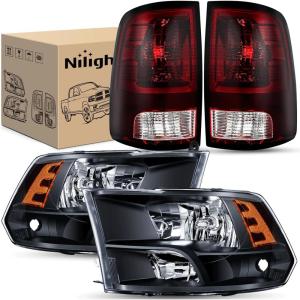 imageNilight Headlight Assembly 2009 2010 2011 2012 2013 2014 2015 2016 2017 2018 Ram 1500 2500 3500 Pickup Quad Headlamp Assembly Replacement Black Housing Amber Corner Clear LensOnly for Quad ModelsBlack Housing  Amber Reflector wTaillight