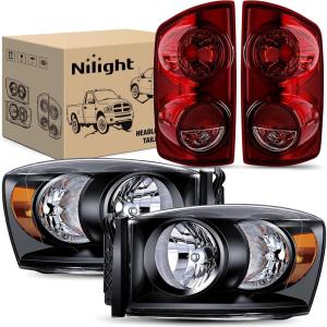 imageNilight Taillight Assembly Compatible with 2007 2008 Dodge Ram 1500 2007 2008 2009 Dodge Ram 2500 3500 Rear Lamp Replacement OE Style Driver Side and Passenger Side Dark Red LensBlack Housing  Amber Reflector wTaillight