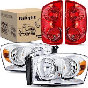 imageNilight Taillight Assembly Compatible with 2007 2008 Dodge Ram 1500 2007 2008 2009 Dodge Ram 2500 3500 Rear Lamp Replacement OE Style Driver Side and Passenger Side Dark Red LensChrome Housing  Amber Reflector wTaillight