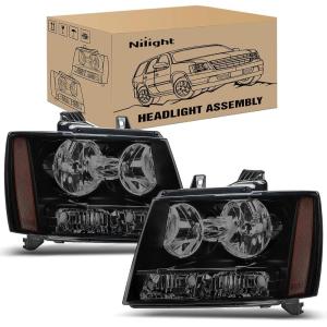 imageNilight Headlight Assembly for 2007 2008 2009 2010 2011 2012 2013 2014 Chevy Avalanche Tahoe Suburban 1500 2500 Replacement Headlamp Bumper Lamp Set Black Housing Amber ReflectorSmoke Housing Amber Reflector