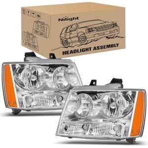 imageNilight Headlight Assembly for 2007 2008 2009 2010 2011 2012 2013 2014 Chevy Avalanche Tahoe Suburban 1500 2500 Replacement Headlamp Bumper Lamp Set Black Housing Amber ReflectorChrome Housing  Amber Reflector