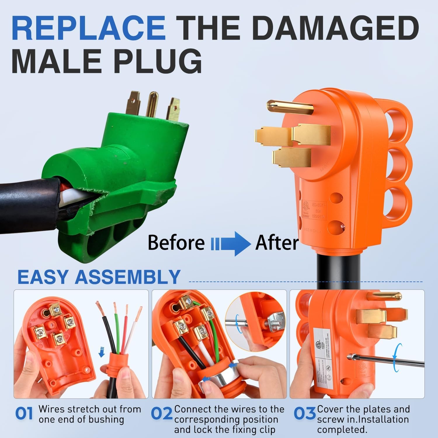 image:imageNilight 50 Amp RV Male Replacement Plug 125250 Volt Heavy Duty Receptacle with Handle ETL Listed NEMA 1450P for Camper Caravan Motorhome Van TrailerAmber