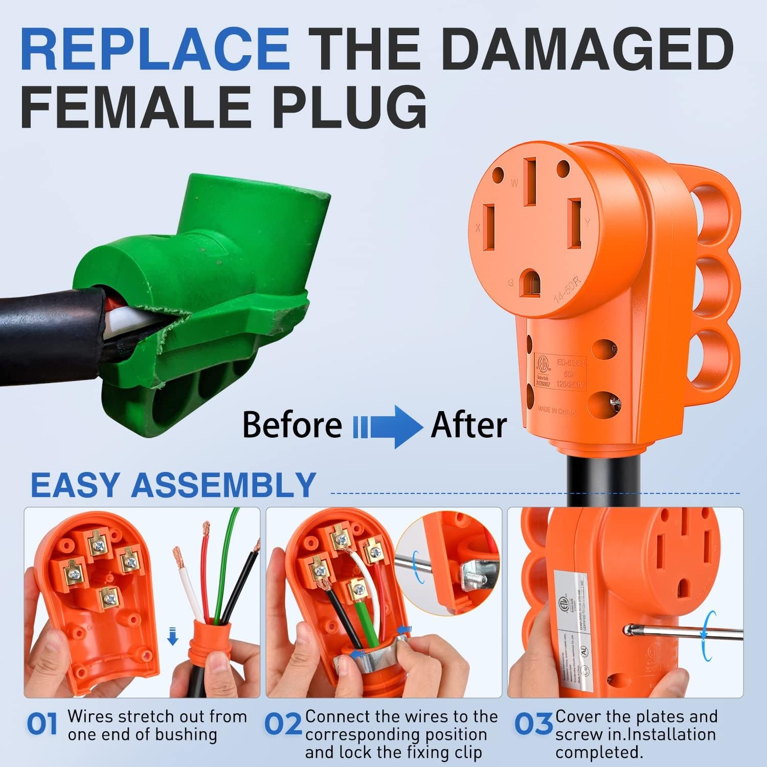 image:imageNilight 50 Amp RV Male Replacement Plug 125250 Volt Heavy Duty Receptacle with Handle ETL Listed NEMA 1450P for Camper Caravan Motorhome Van TrailerAmber