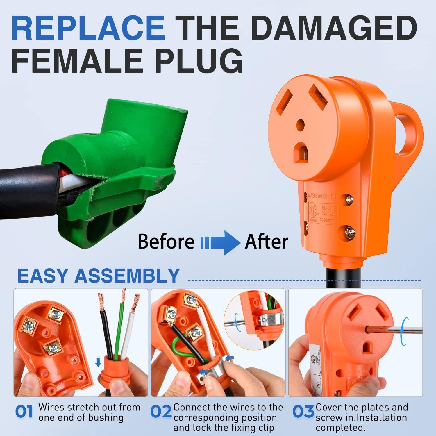 image:imageNilight 50 Amp RV Male Replacement Plug 125250 Volt Heavy Duty Receptacle with Handle ETL Listed NEMA 1450P for Camper Caravan Motorhome Van TrailerAmber