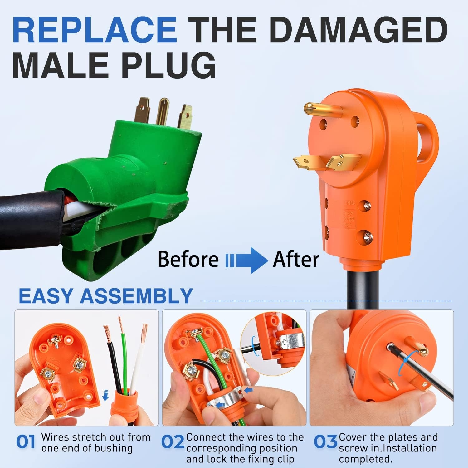 image:imageNilight 50 Amp RV Male Replacement Plug 125250 Volt Heavy Duty Receptacle with Handle ETL Listed NEMA 1450P for Camper Caravan Motorhome Van TrailerAmber