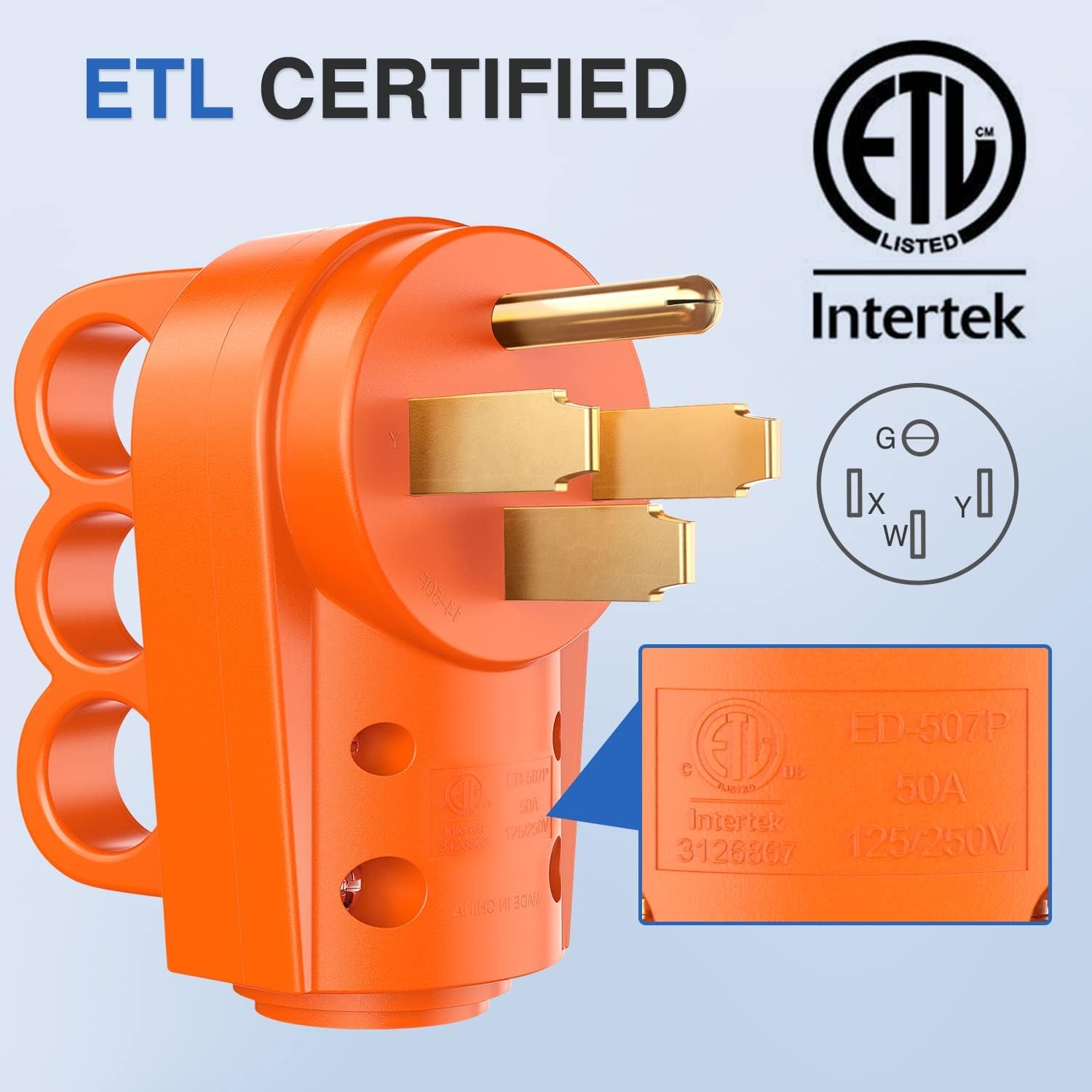 image:imageNilight 50 Amp RV Male Replacement Plug 125250 Volt Heavy Duty Receptacle with Handle ETL Listed NEMA 1450P for Camper Caravan Motorhome Van TrailerAmber