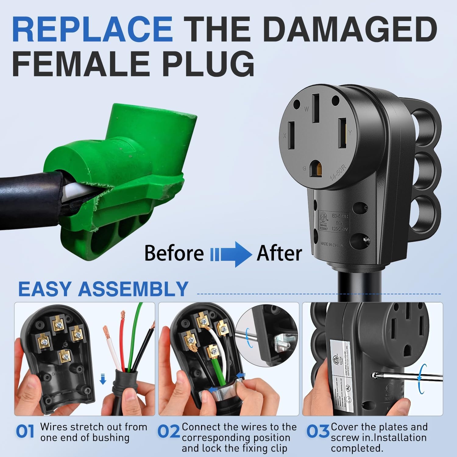 image:imageNilight 50 Amp RV Male Replacement Plug 125250 Volt Heavy Duty Receptacle with Handle ETL Listed NEMA 1450P for Camper Caravan Motorhome Van TrailerBlack