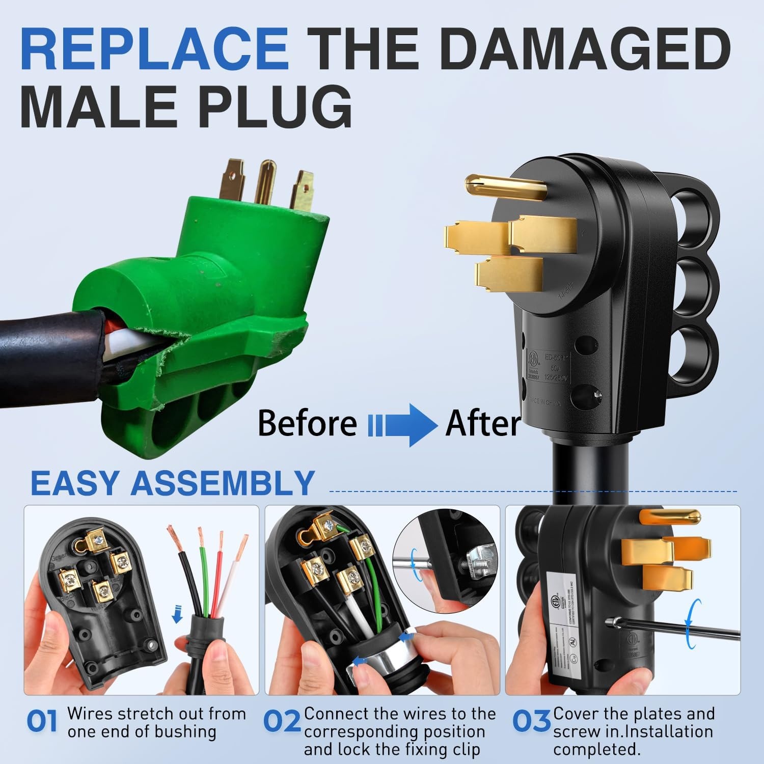 image:imageNilight 50 Amp RV Male Replacement Plug 125250 Volt Heavy Duty Receptacle with Handle ETL Listed NEMA 1450P for Camper Caravan Motorhome Van TrailerBlack
