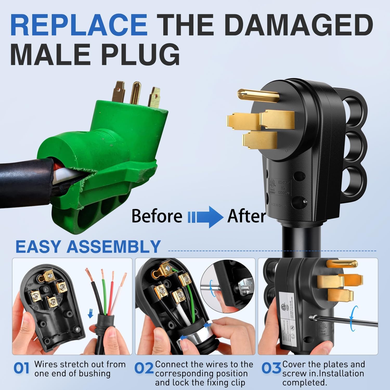 image:imageNilight 50 Amp RV Male Replacement Plug 125250 Volt Heavy Duty Receptacle with Handle ETL Listed NEMA 1450P for Camper Caravan Motorhome Van TrailerBlack