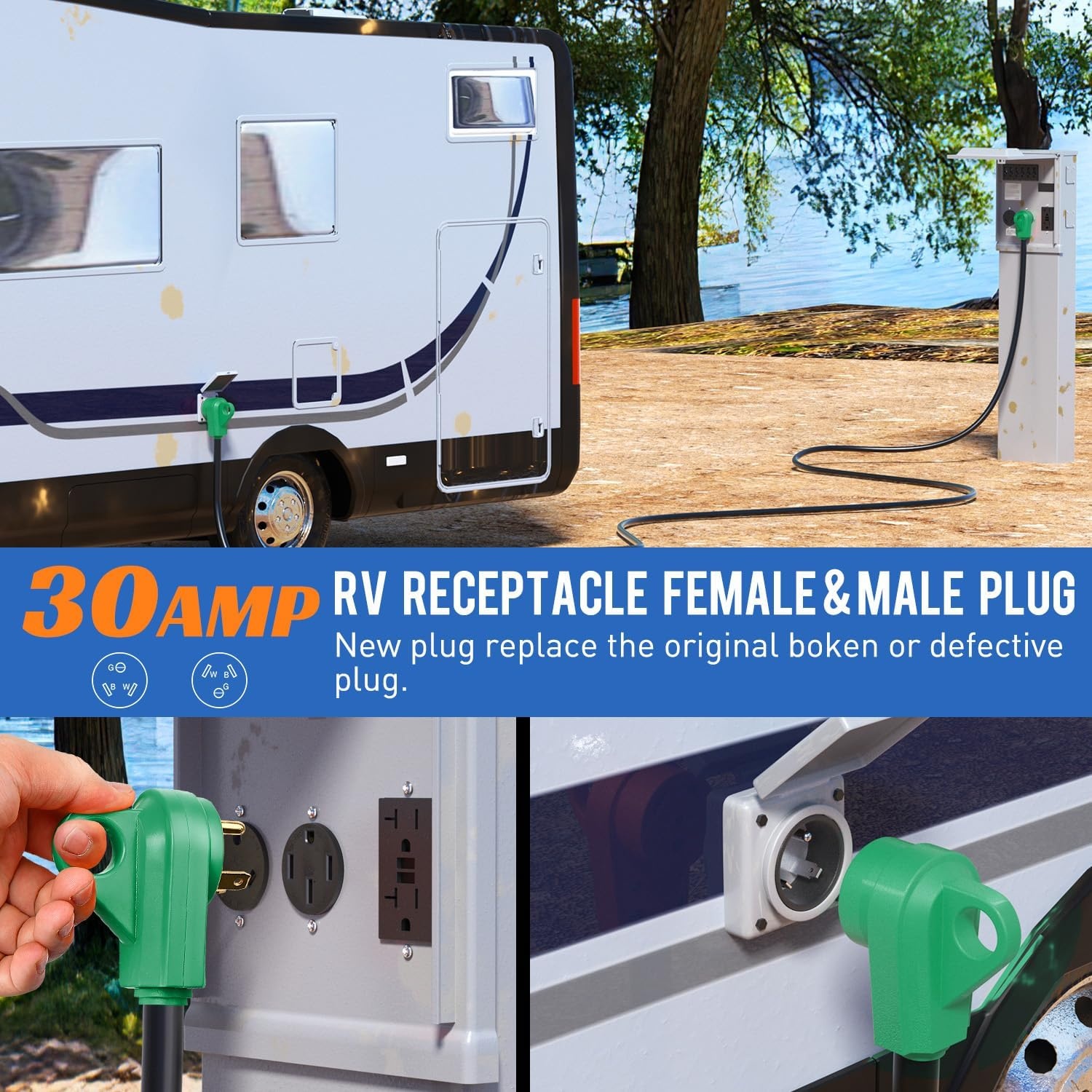 image:imageNilight 50 Amp RV Male Replacement Plug 125250 Volt Heavy Duty Receptacle with Handle ETL Listed NEMA 1450P for Camper Caravan Motorhome Van TrailerGreen