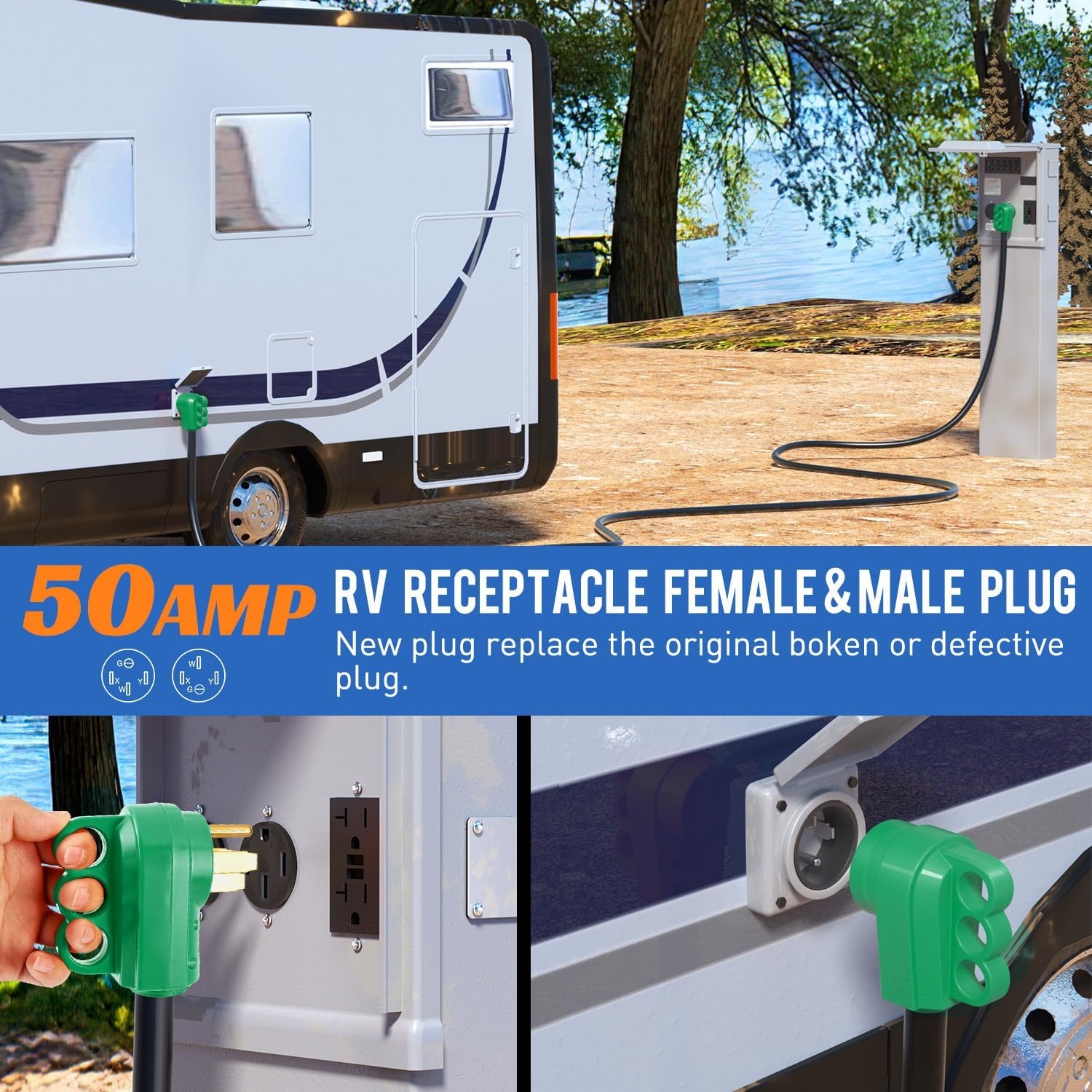 image:imageNilight 50 Amp RV Male Replacement Plug 125250 Volt Heavy Duty Receptacle with Handle ETL Listed NEMA 1450P for Camper Caravan Motorhome Van TrailerGreen
