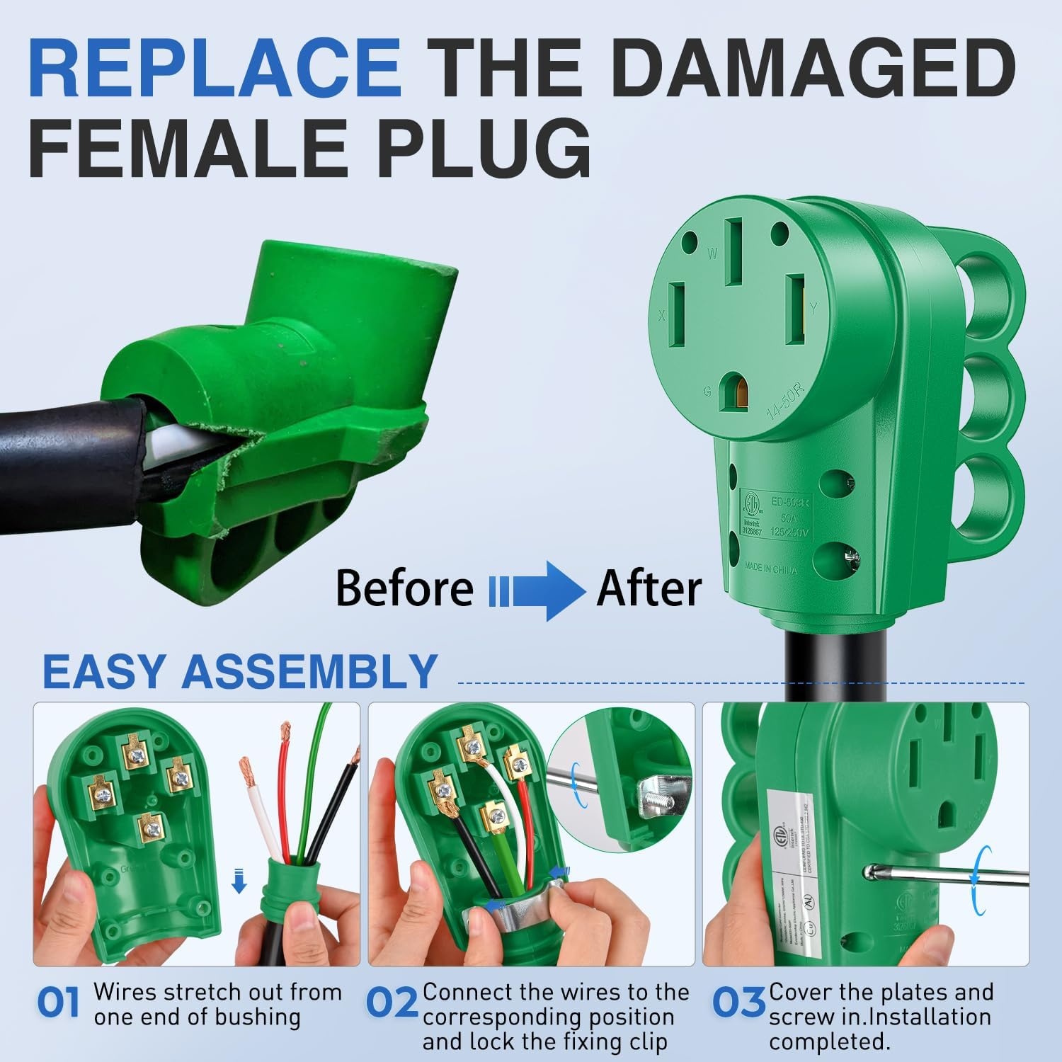 image:imageNilight 50 Amp RV Male Replacement Plug 125250 Volt Heavy Duty Receptacle with Handle ETL Listed NEMA 1450P for Camper Caravan Motorhome Van TrailerGreen