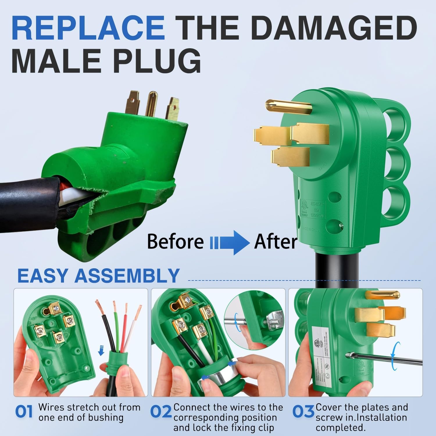 image:imageNilight 50 Amp RV Male Replacement Plug 125250 Volt Heavy Duty Receptacle with Handle ETL Listed NEMA 1450P for Camper Caravan Motorhome Van TrailerGreen