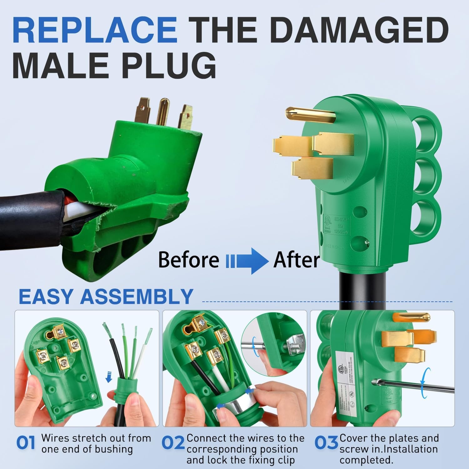 image:imageNilight 50 Amp RV Male Replacement Plug 125250 Volt Heavy Duty Receptacle with Handle ETL Listed NEMA 1450P for Camper Caravan Motorhome Van TrailerGreen
