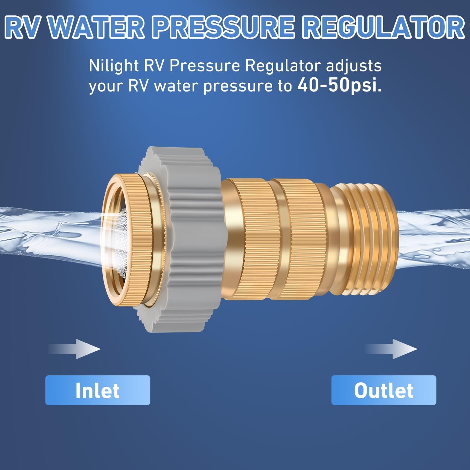 image:imageNilight RV Water Pressure Regulator for RV Camper Adjustable Handle Water Hose Pressure Regulator with Oil Filled Gauge and Inlet Screen Filter Brass Leadfree Reducer Valve for Camper Travel Trailer4050 psi