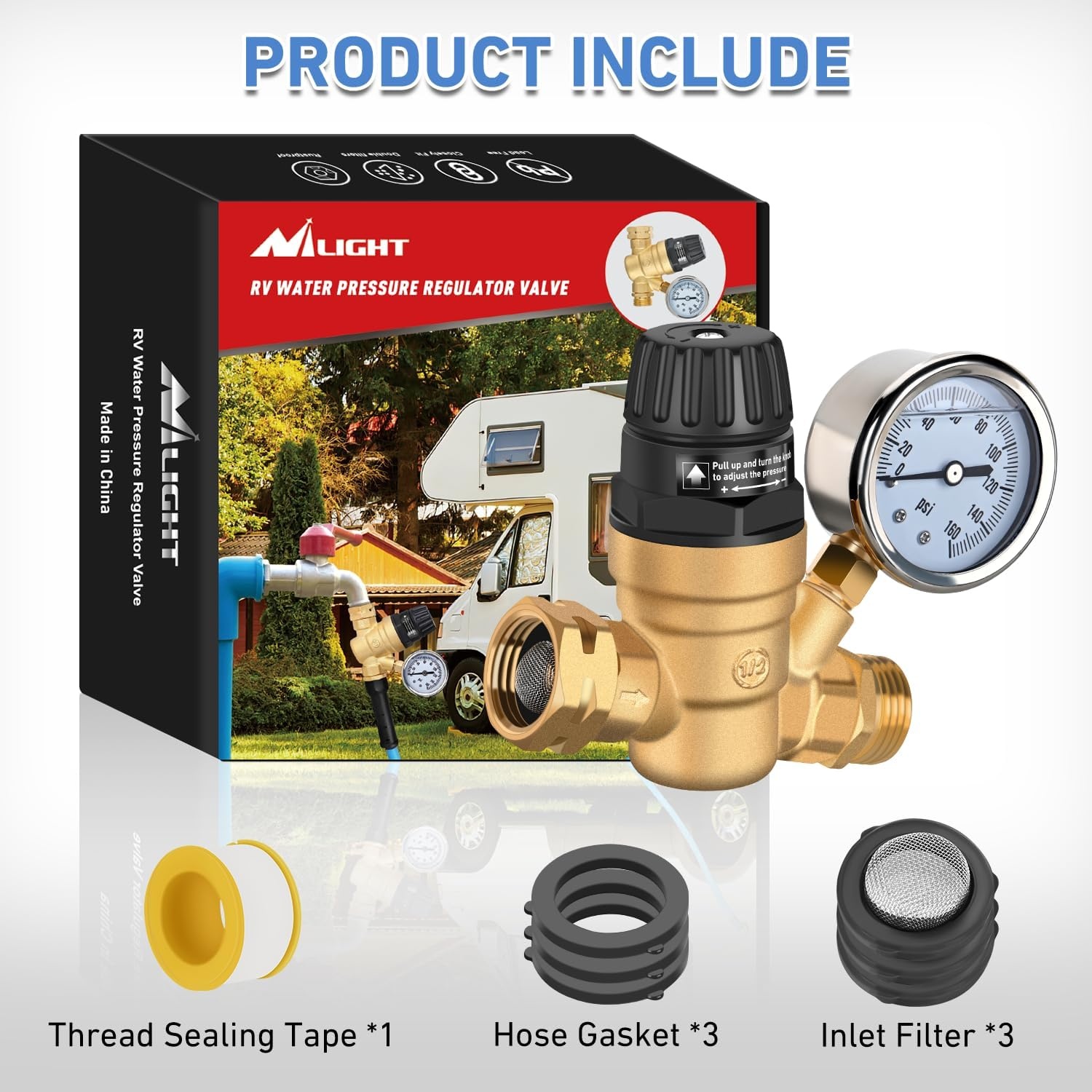 image:imageNilight RV Water Pressure Regulator for RV Camper Adjustable Handle Water Hose Pressure Regulator with Oil Filled Gauge and Inlet Screen Filter Brass Leadfree Reducer Valve for Camper Travel TrailerHandwheel adjustment  Oil Filled Gauge
