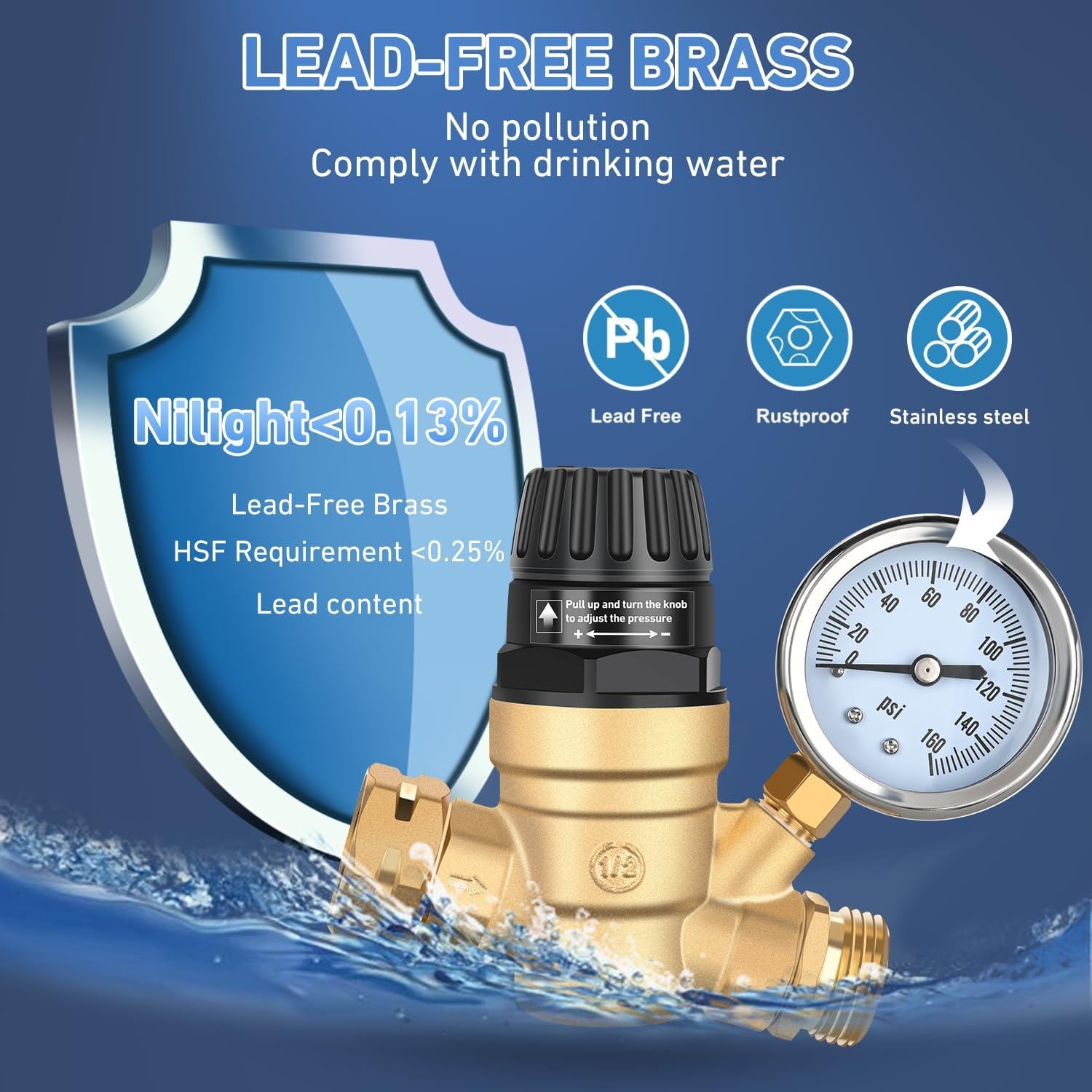 image:imageNilight RV Water Pressure Regulator for RV Camper Adjustable Handle Water Hose Pressure Regulator with Oil Filled Gauge and Inlet Screen Filter Brass Leadfree Reducer Valve for Camper Travel TrailerHandwheel adjustment